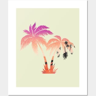 Palm trees silhouette and sunset double exposure Posters and Art